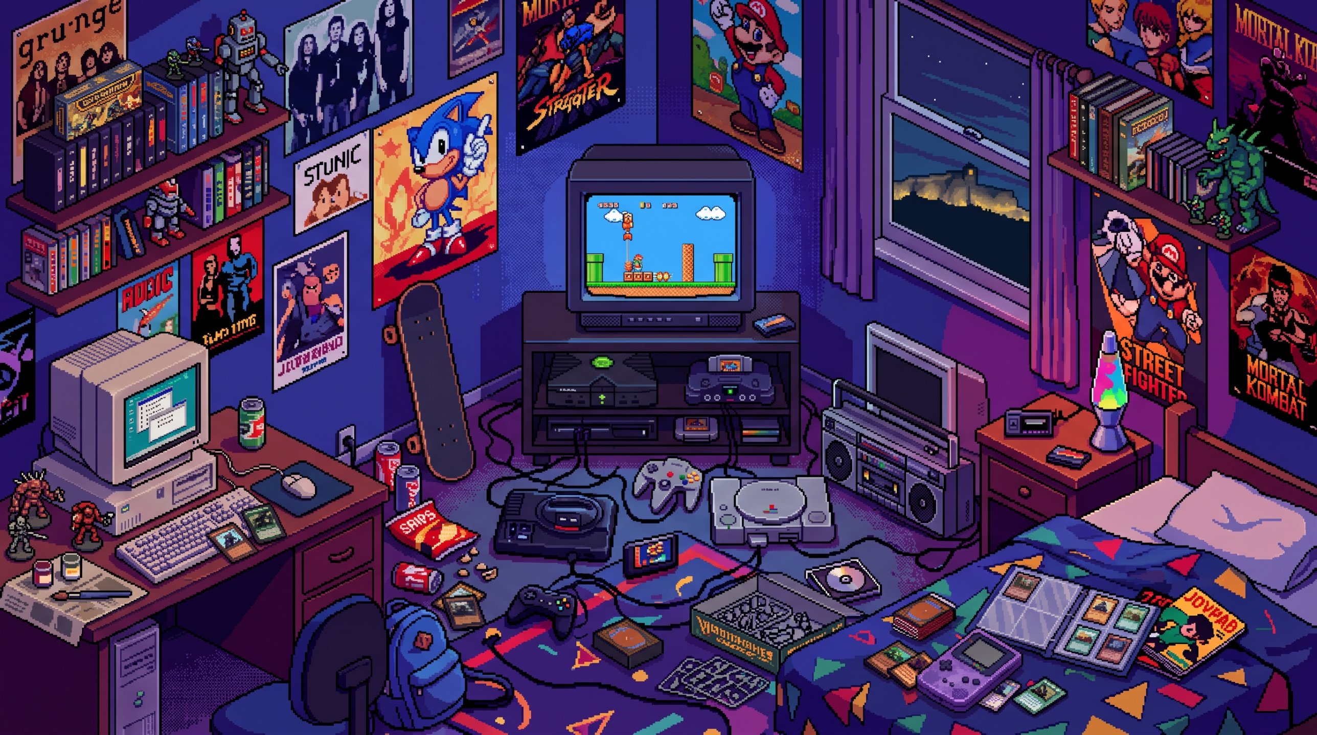 Une chambre de joueur des années 90 : Xbox et Nintendo 64 sous la télé cathodique, Mega Drive et PlayStation au sol, Game Boy Color sur le lit, PC sur le bureau